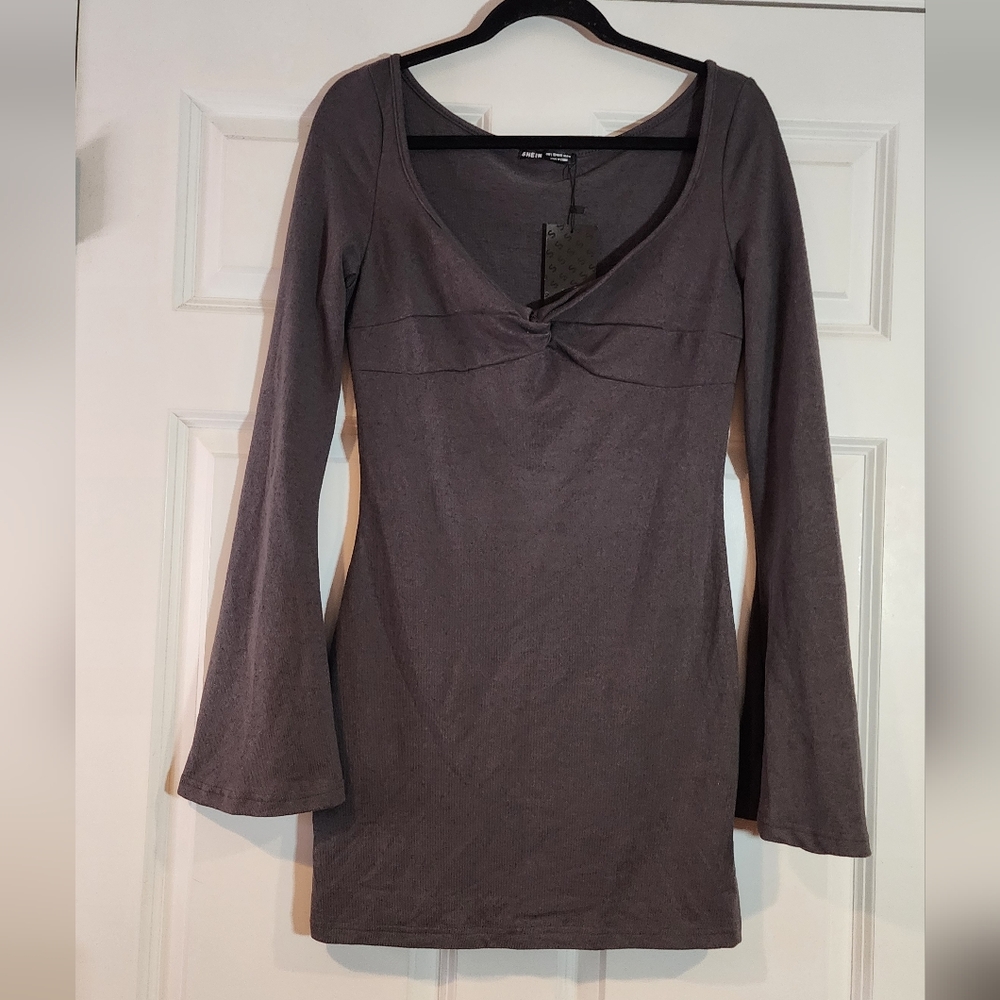NWT Shein Sxy gray long sleeve mini dress with bell sleeves L